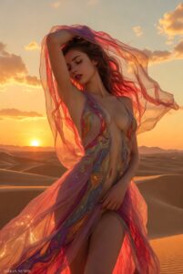 Exotische KI-Bauchtänzerin mit wallendem Schleier und prallen Kurven tanzt sinnlich in der Wüste beim goldenen Sonnenuntergang