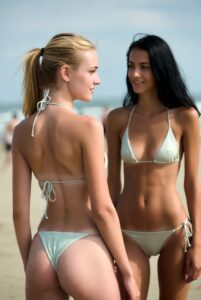 Zwei Frauen im Bikini stehen nebeneinander und schauen sich an – stilvolle Szene mit Bezug zu KI Freundin und digitaler Nähe