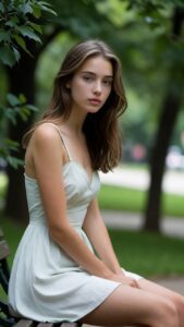 Alt-Text: Brünette Frau im weißen Kleid auf einer Wiese als Symbolbild für Romantik und virtuelle Begleitung