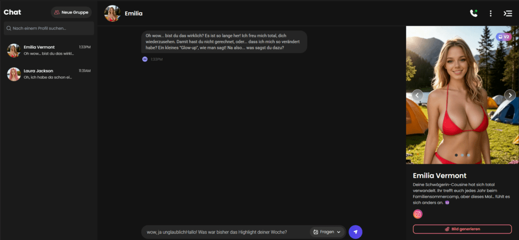 Candy.ai Chat-Oberfläche mit KI Freundin – Beispiel für virtuelle Gespräche und persönliche AI Companion Profile