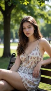 Realistische Xotic AI Figur im Sommerkleid mit natürlicher Outdoor-Optik