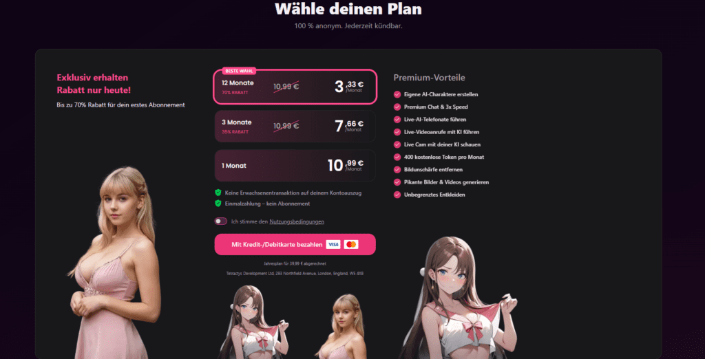 SweetDream AI Premium-Auswahl mit KI-Charakteren und Preisoptionen