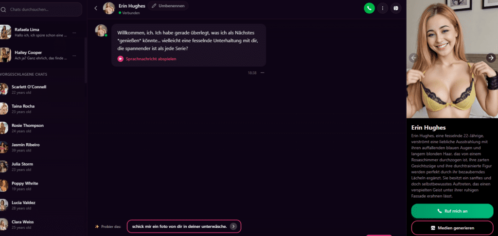 SweetDream AI Chatoberfläche mit KI-Freundin und persönlicher Nachricht
