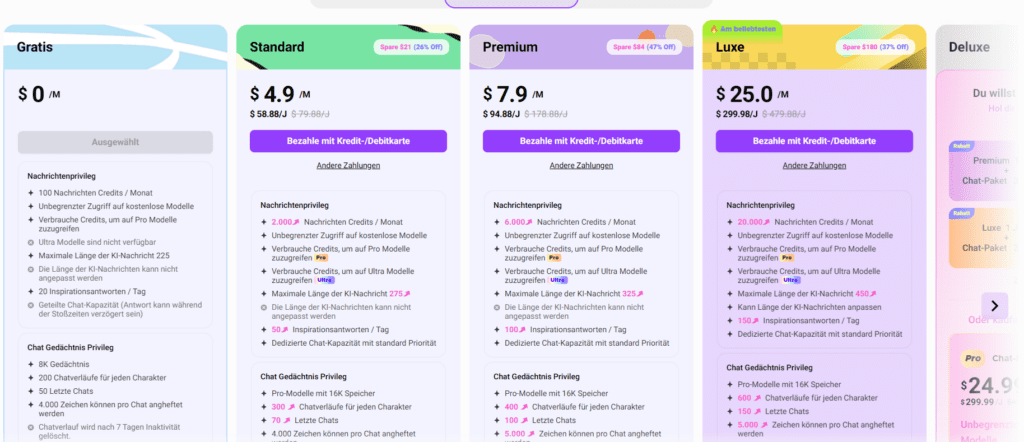 CrushOn AI Preisübersicht mit Gratis Standard Premium und Luxe Paketen