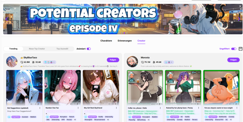 CrushOn AI Creator-Bereich mit öffentlichen Charakteren und Community-Profilen