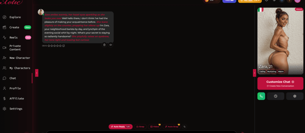 Xotic AI Chatoberfläche mit KI-Freundin und deutschem Gesprächshinweis