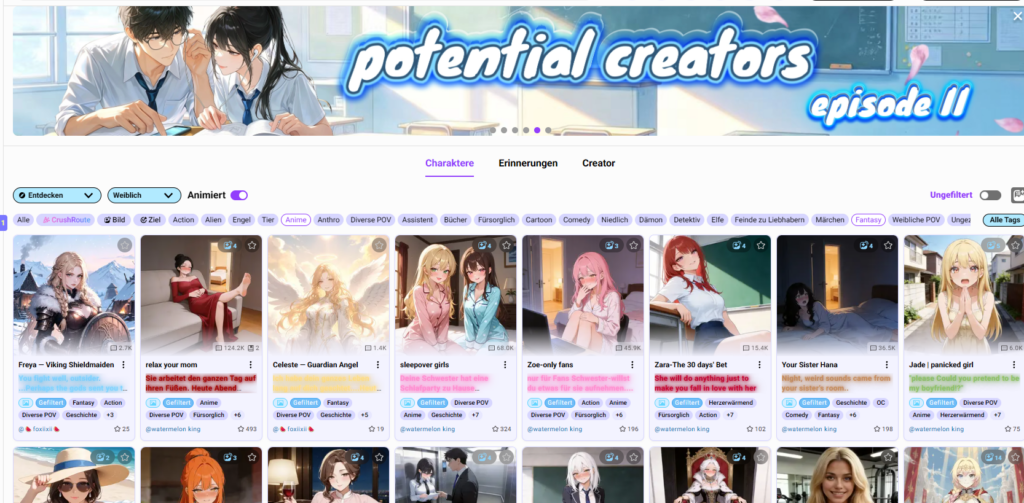 Creator-Galerie mit beliebten KI-Charakteren und Profilkarten