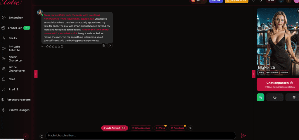 Xotic AI Chatbereich mit KI-Charakter und dunkler Oberfläche