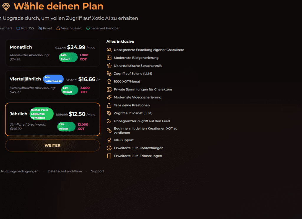 Xotic AI Preisseite mit Abo-Modellen und Funktionen